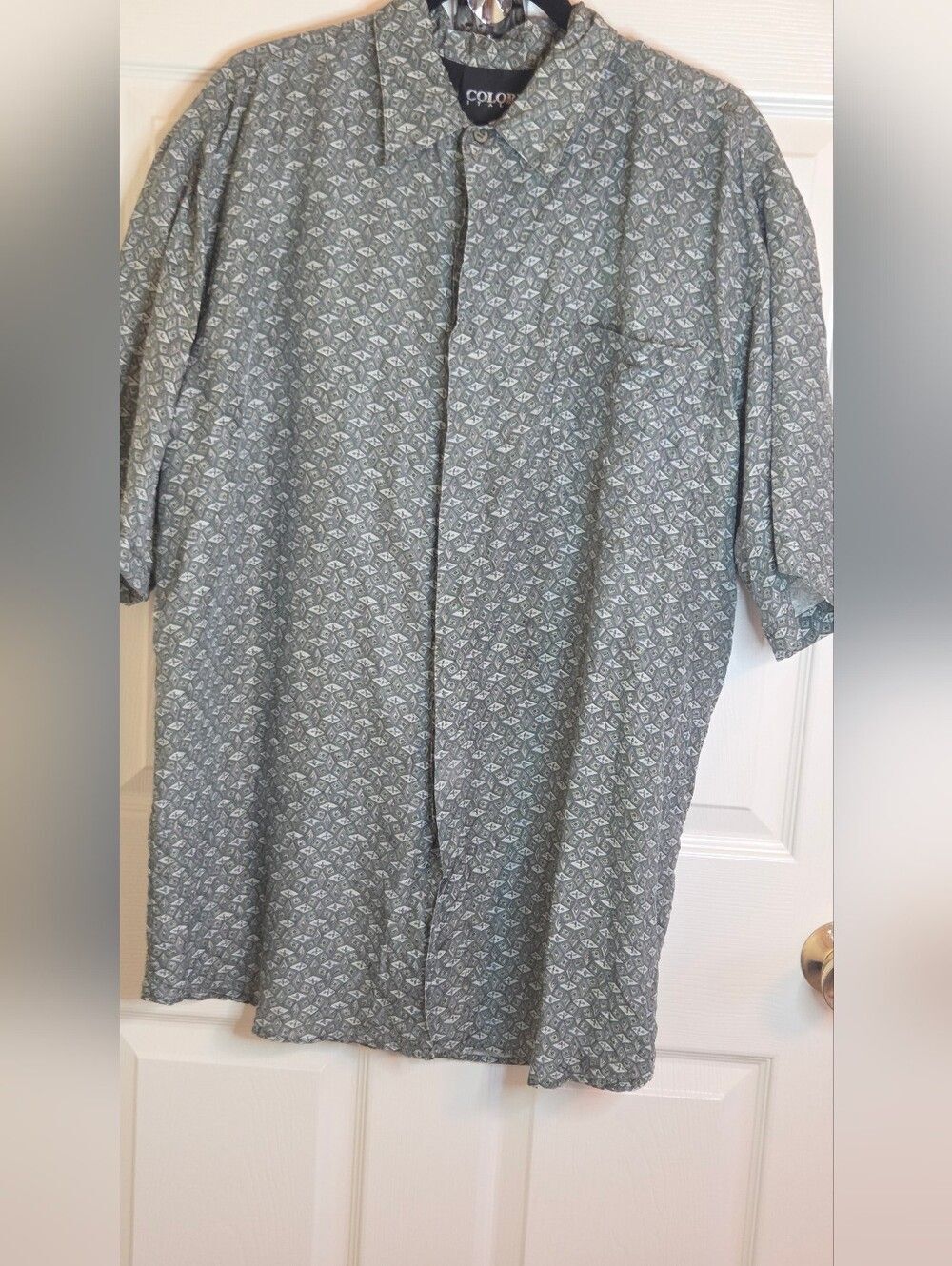 Colore Italia L GrayOlive 100%Silk Pattern  Shsl Hidden HiddenButtonUp Men Shirt